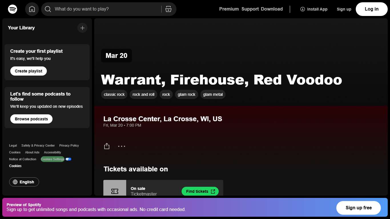 Warrant, Firehouse, Red Voodoo Tickets La Crosse (La Crosse Center) on 3/20/2026 at 7:00 PM Spotify