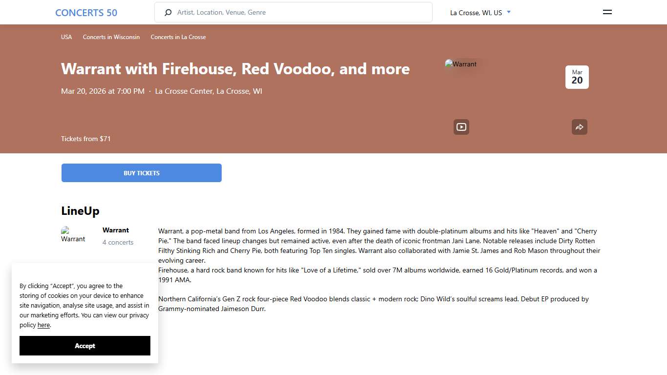 Warrant La Crosse Tickets - La Crosse Center Mar 20, 2026
